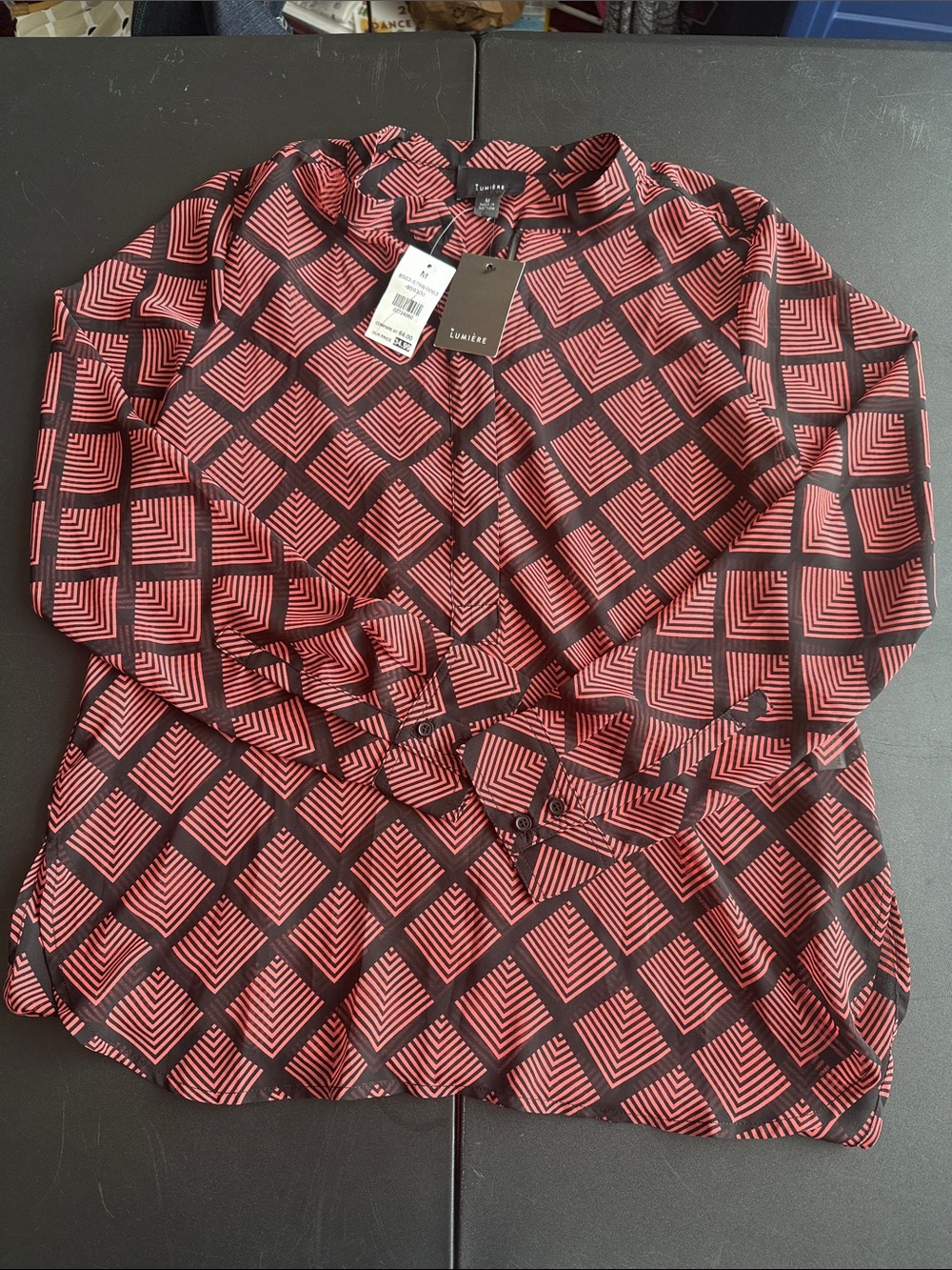 Lumiere Red and Black Geometric Button-Down Blouse